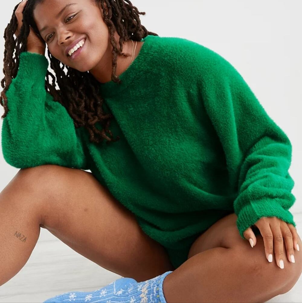 NEW Aerie Flurry Fuzzy Crewneck Sweater S Green Alpine Long Sleeve Cozy Nylon